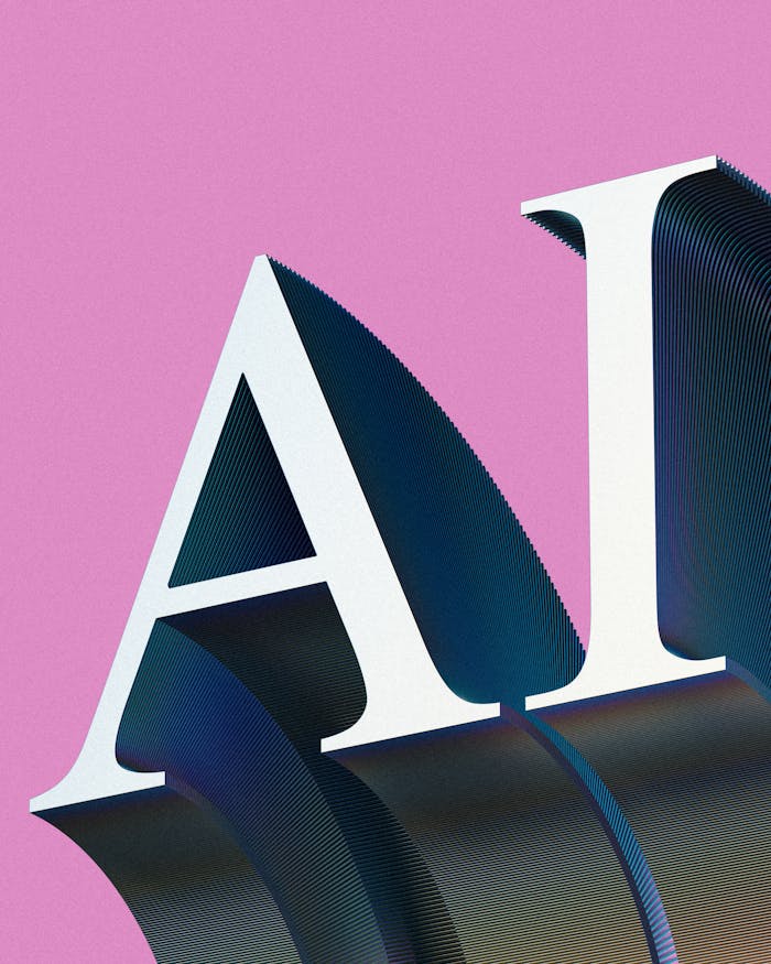 contact-img Creative AI typography art with gradient effects on a pink backdrop.